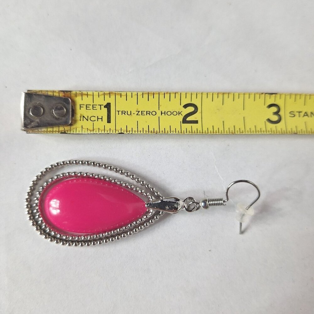 Silver Tone Pink Teardrop Dangle Studded Earrings Jewelry - Picture 3 of 3